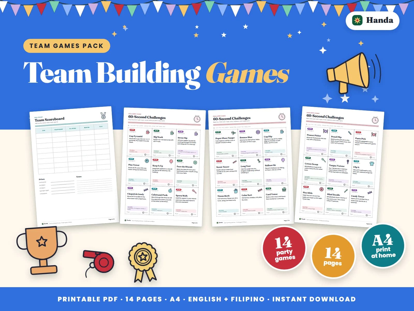 Cover of Team Building Games, a printable parlor games pack showing four of its pages