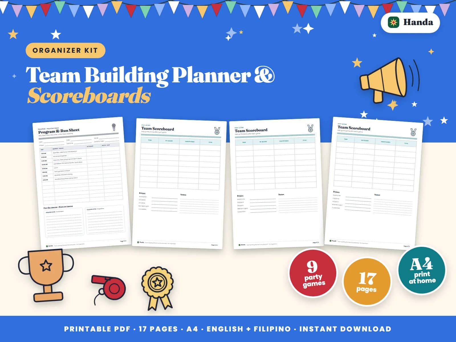 Cover of Team Building Planner & Scoreboards, a printable sportsfest kit showing four of its pages