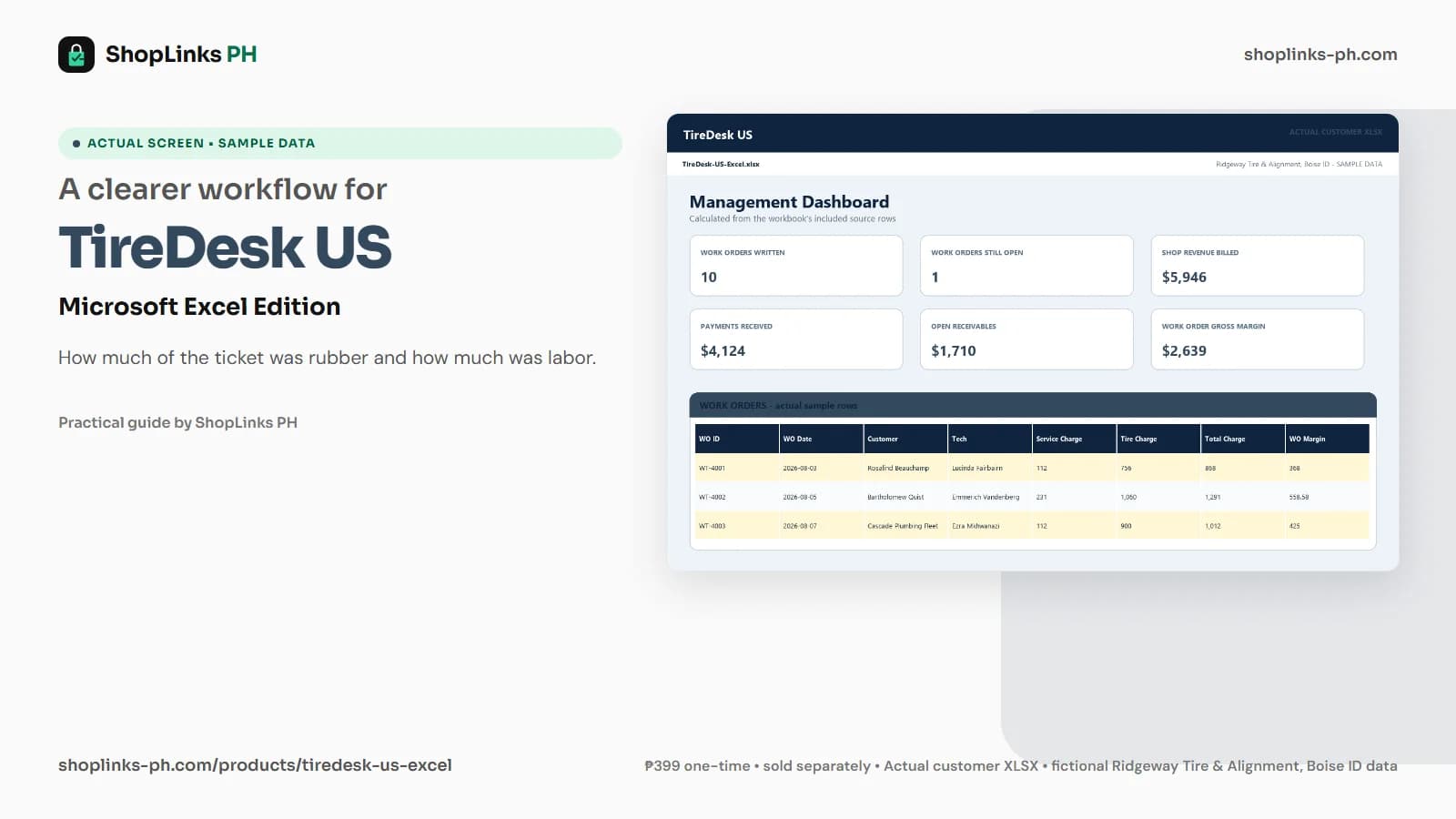 TireDesk US Microsoft Excel Edition dashboard using fictional sample data