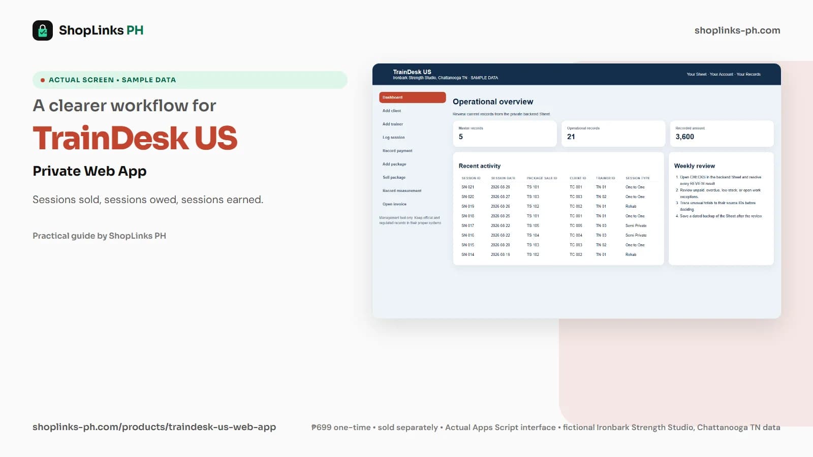 TrainDesk US Private Google Sheets Web App dashboard using fictional sample data