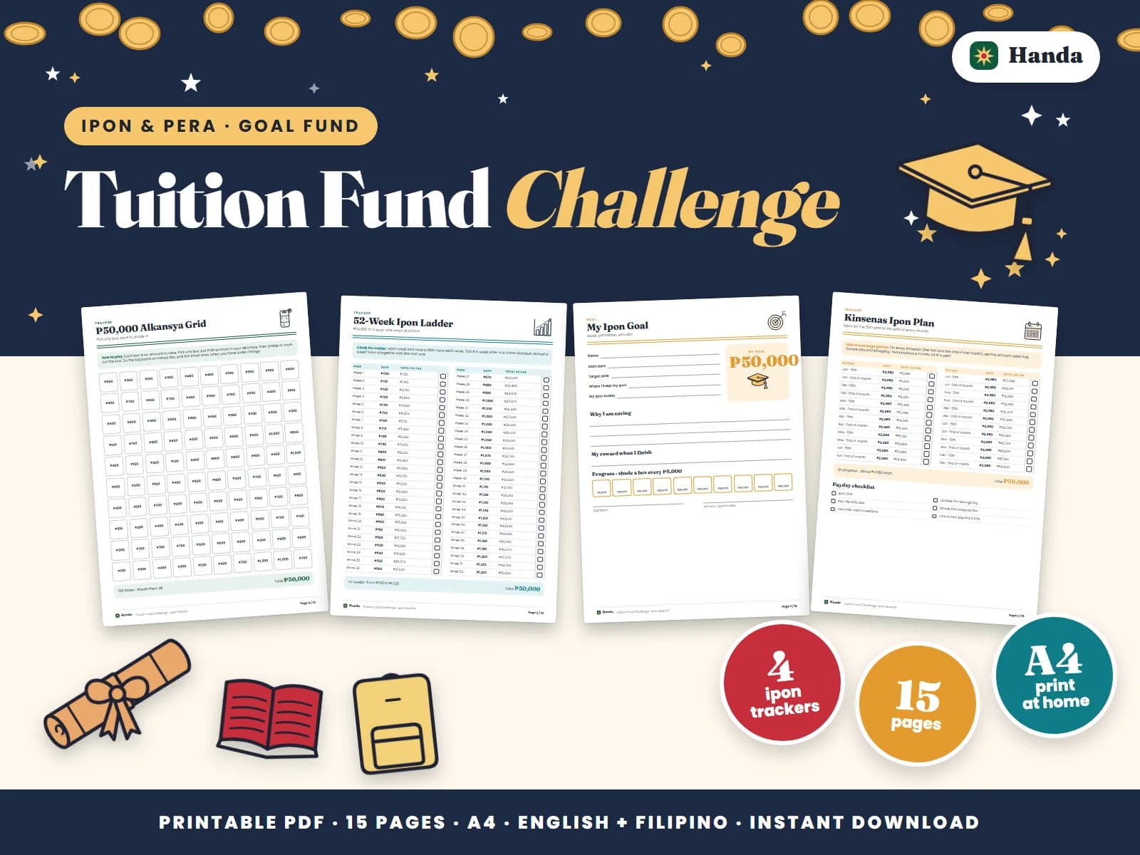 Cover of Tuition Fund Challenge, a printable ipon challenge kit showing four of its pages