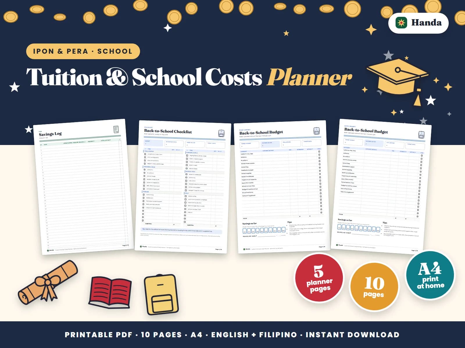 Cover of Tuition & School Costs Planner, a printable budget planner showing four of its pages