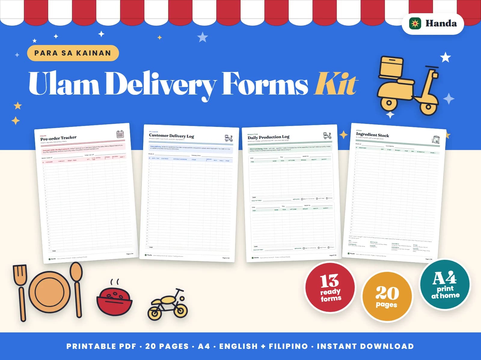 Cover of Ulam Delivery Forms Kit, a printable food business forms kit showing four of its pages