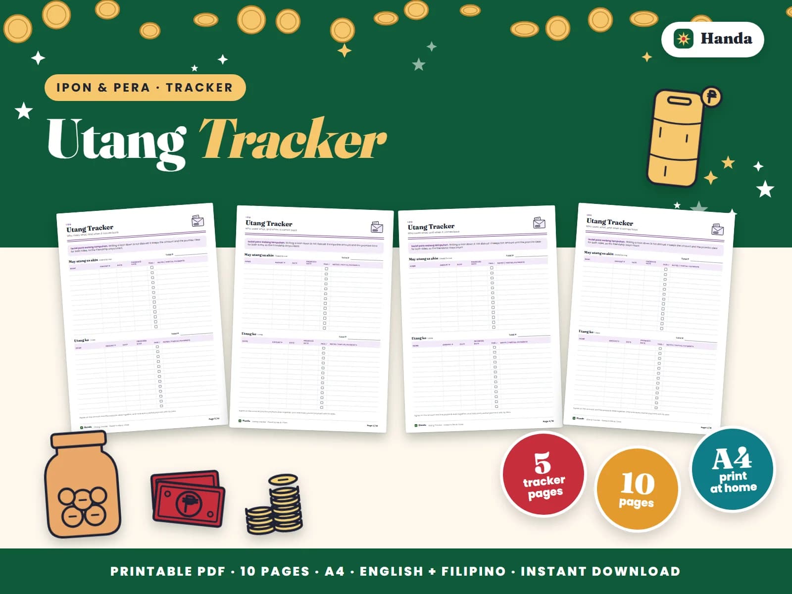 Cover of Utang Tracker, a printable money tracker showing four of its pages