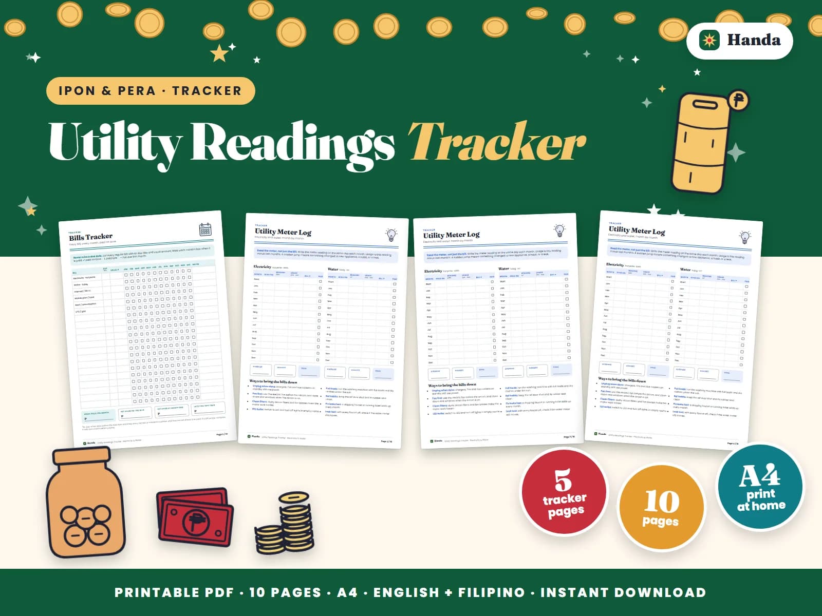 Cover of Utility Readings Tracker, a printable money tracker showing four of its pages
