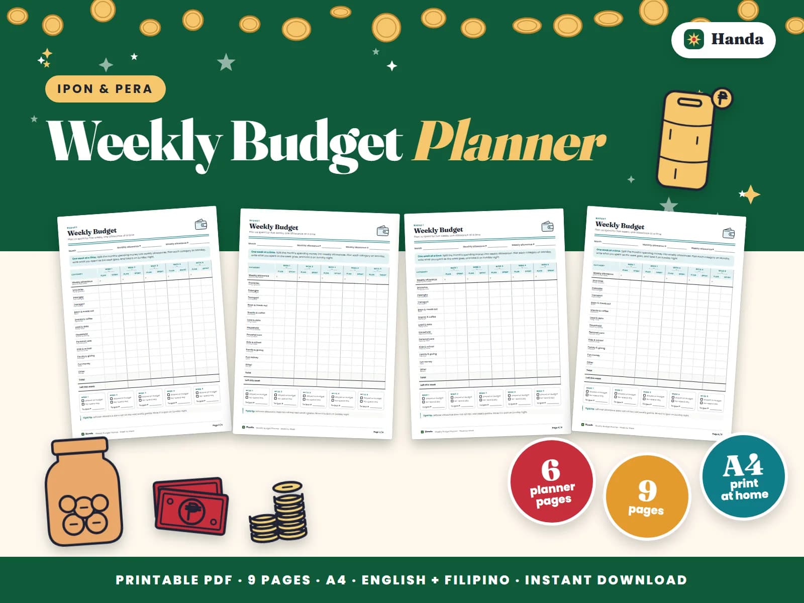 Cover of Weekly Budget Planner, a printable budget planner showing four of its pages