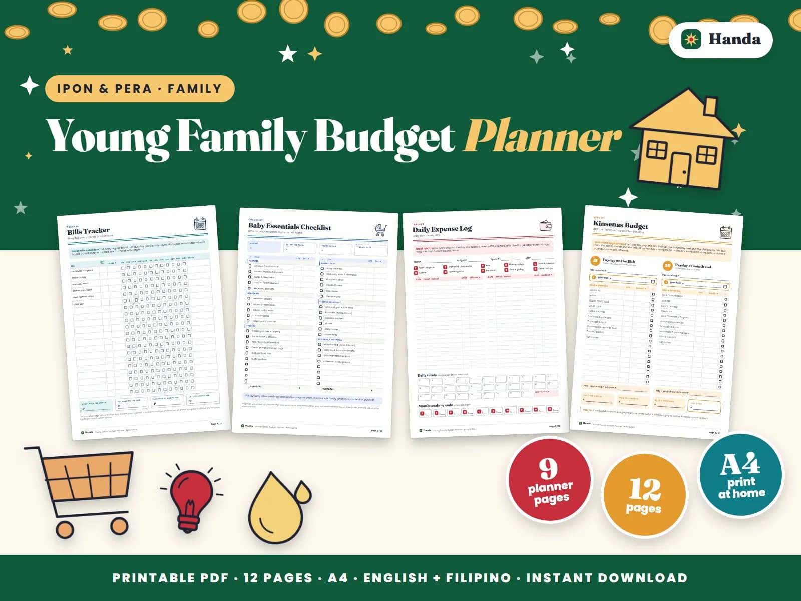 Cover of Young Family Budget Planner, a printable budget planner showing four of its pages