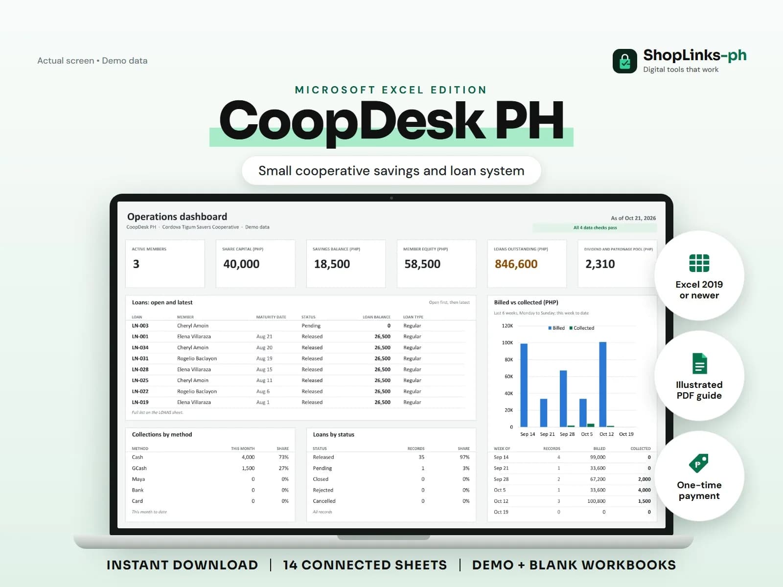 Share capital, savings, loans, and equity per member on one board.