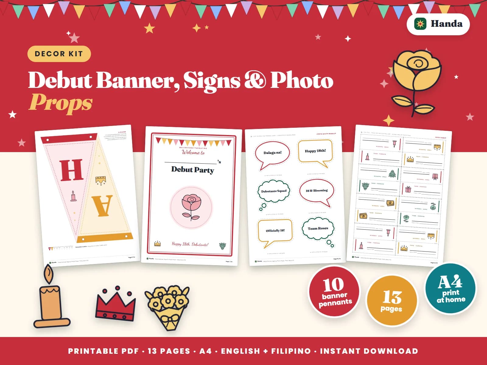 HAPPY 18TH banner letters, signs, photo booth props and food labels.