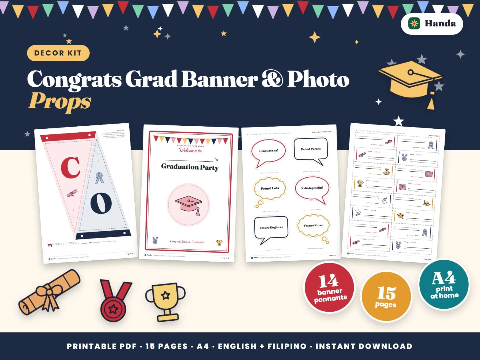 CONGRATS GRAD banner letters, signs, photo props and food labels.