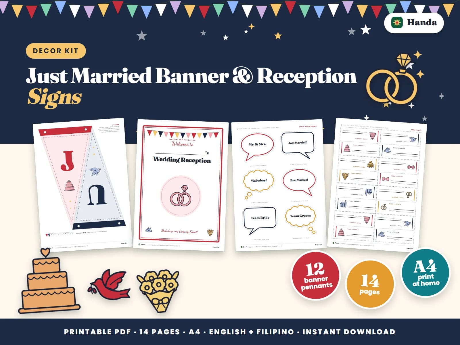 JUST MARRIED banner letters, reception signs, photo props and food labels.