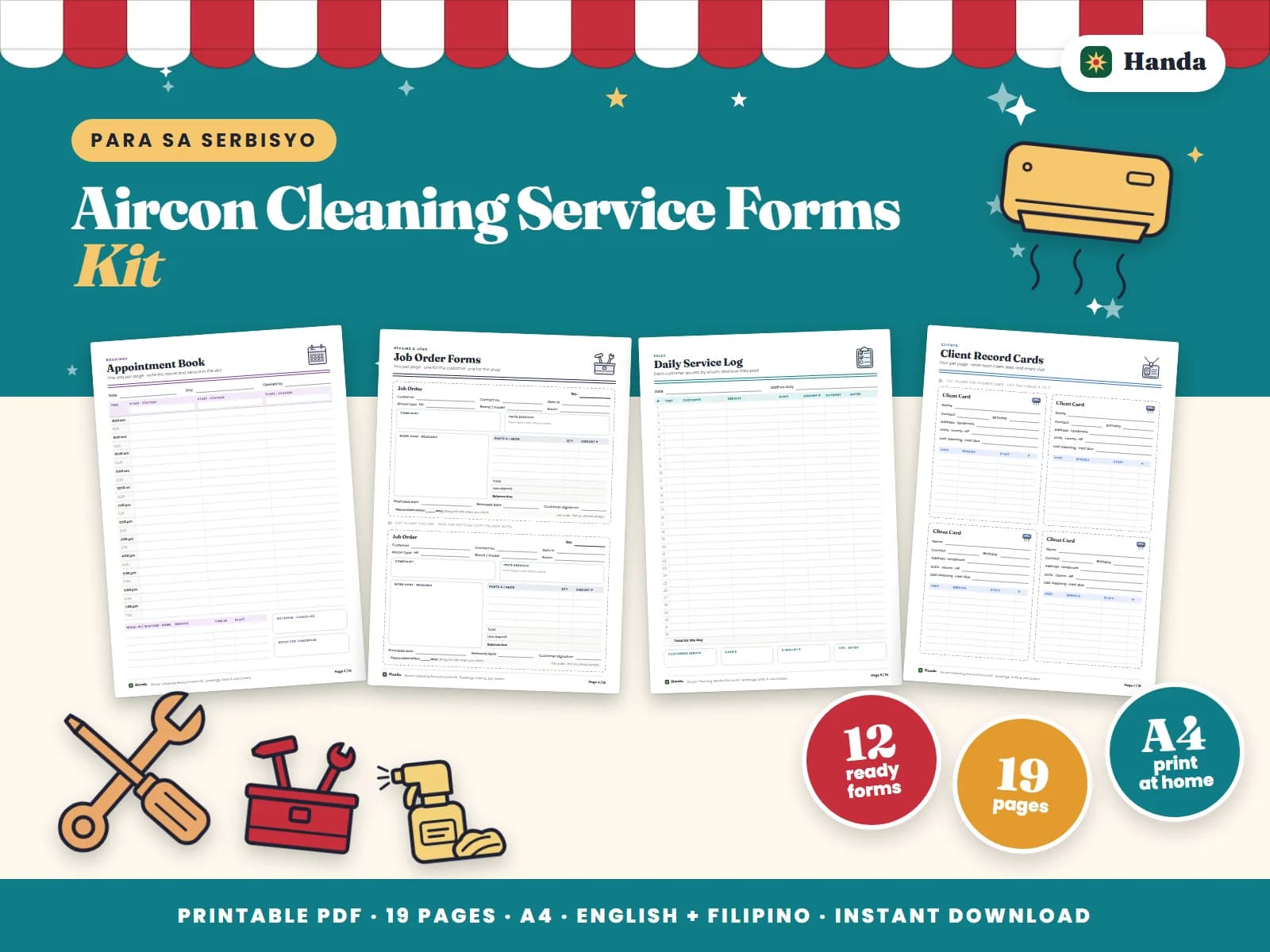Bookings, job orders, client unit cards, quotations and maintenance records for aircon cleaning.