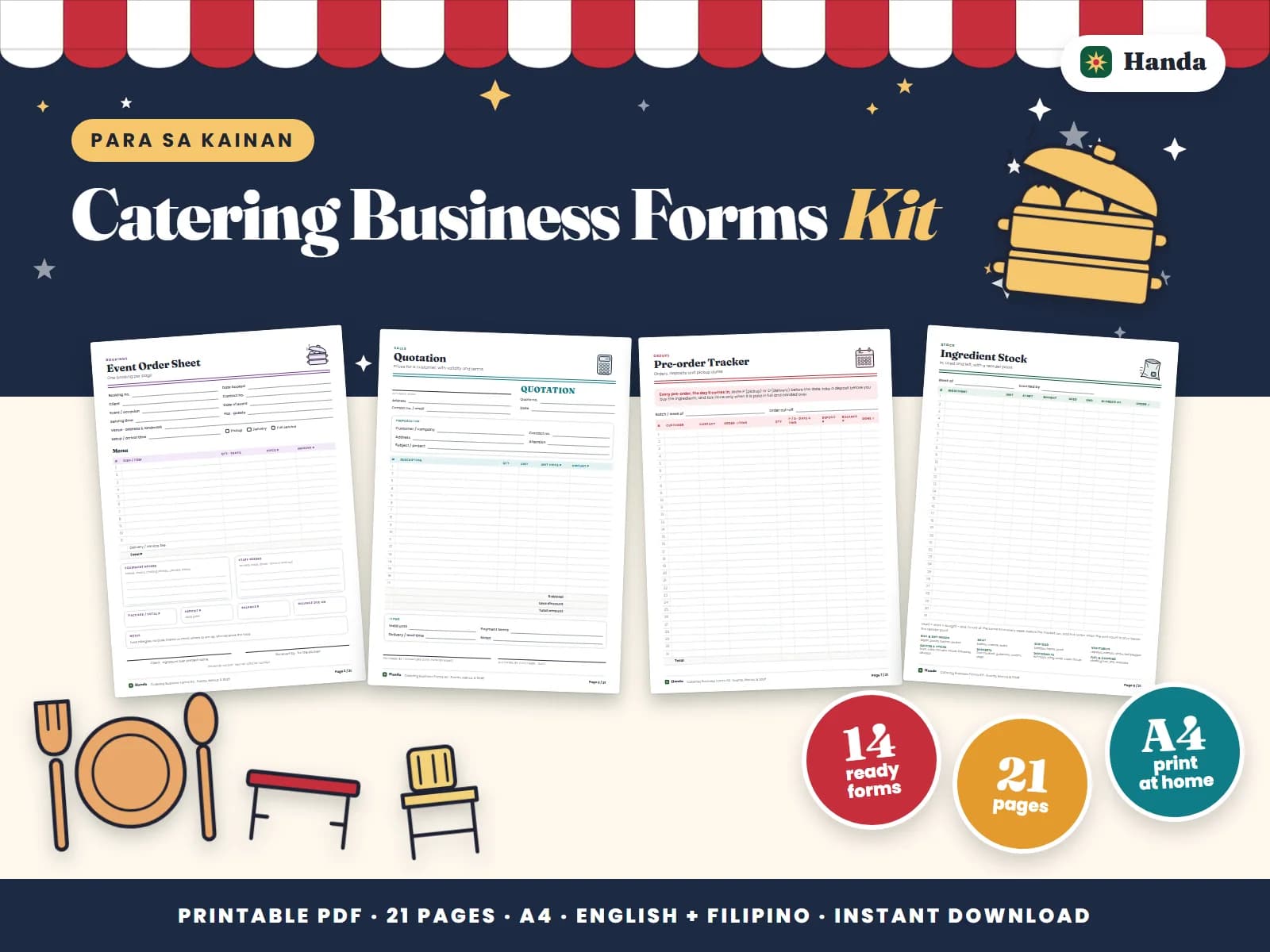 Event order sheets, quotations, ingredient stock, recipe cards and staff schedules for a catering business.