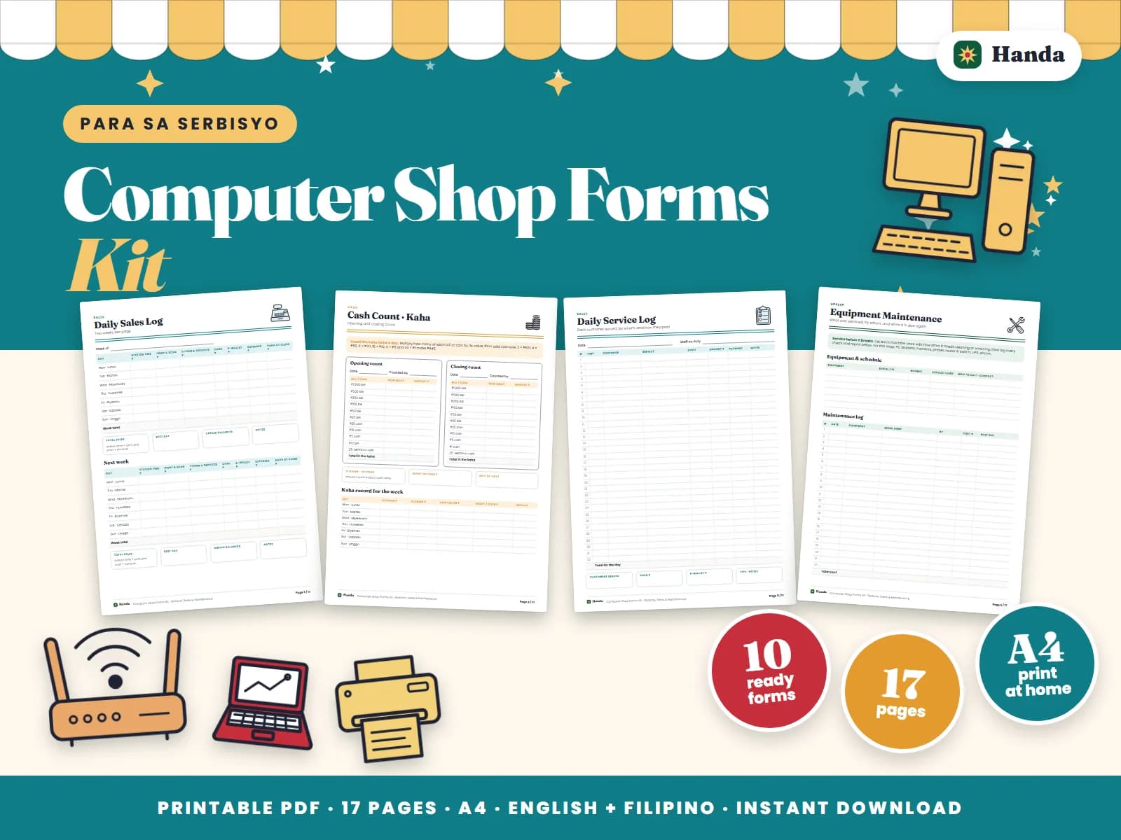 Station usage logs, daily sales, kaha counts, maintenance and a price list for a computer and internet shop.