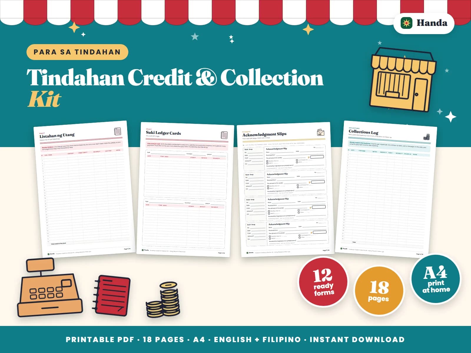 Master lists, suki ledger cards, payment slips and a collections log to keep utang under control.