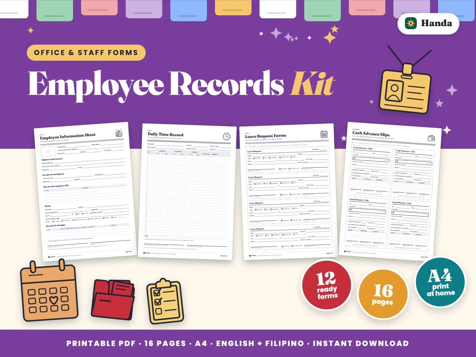 Employee information sheets, time records, leave forms, vale slips and a staff schedule.