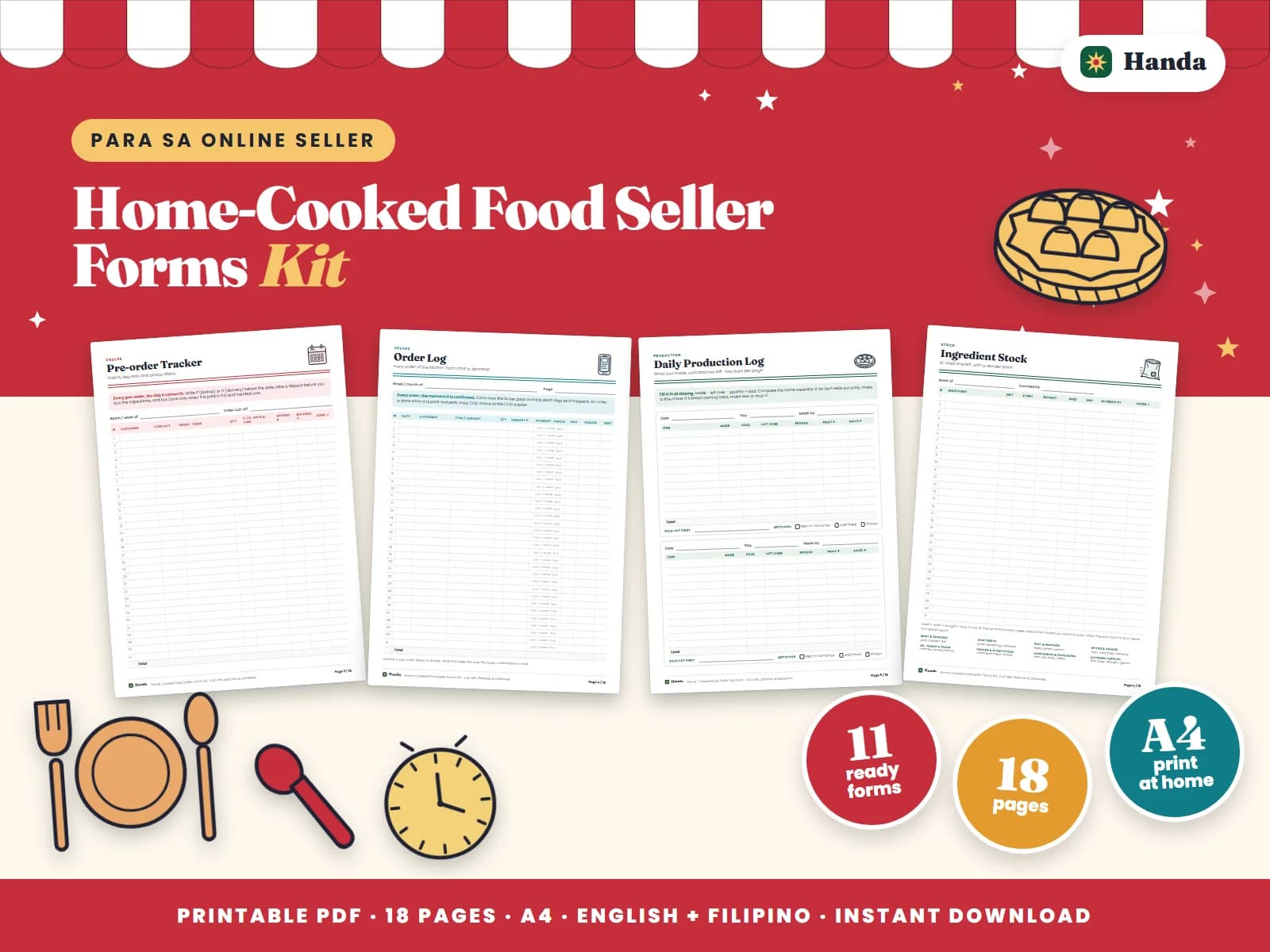 Pre-orders with cut-off times, cooking and ingredient logs, deliveries and a menu board for home cooks who sell online.