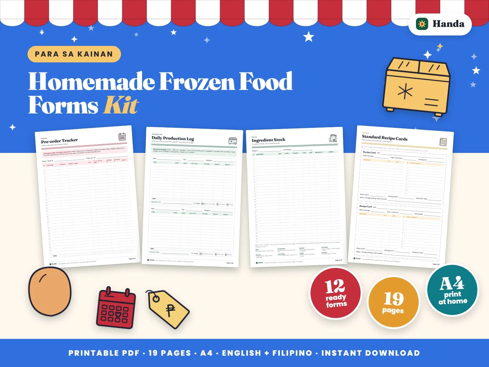 Batch production, ingredient stock, recipe cards, orders, deliveries and reseller records for homemade frozen products.