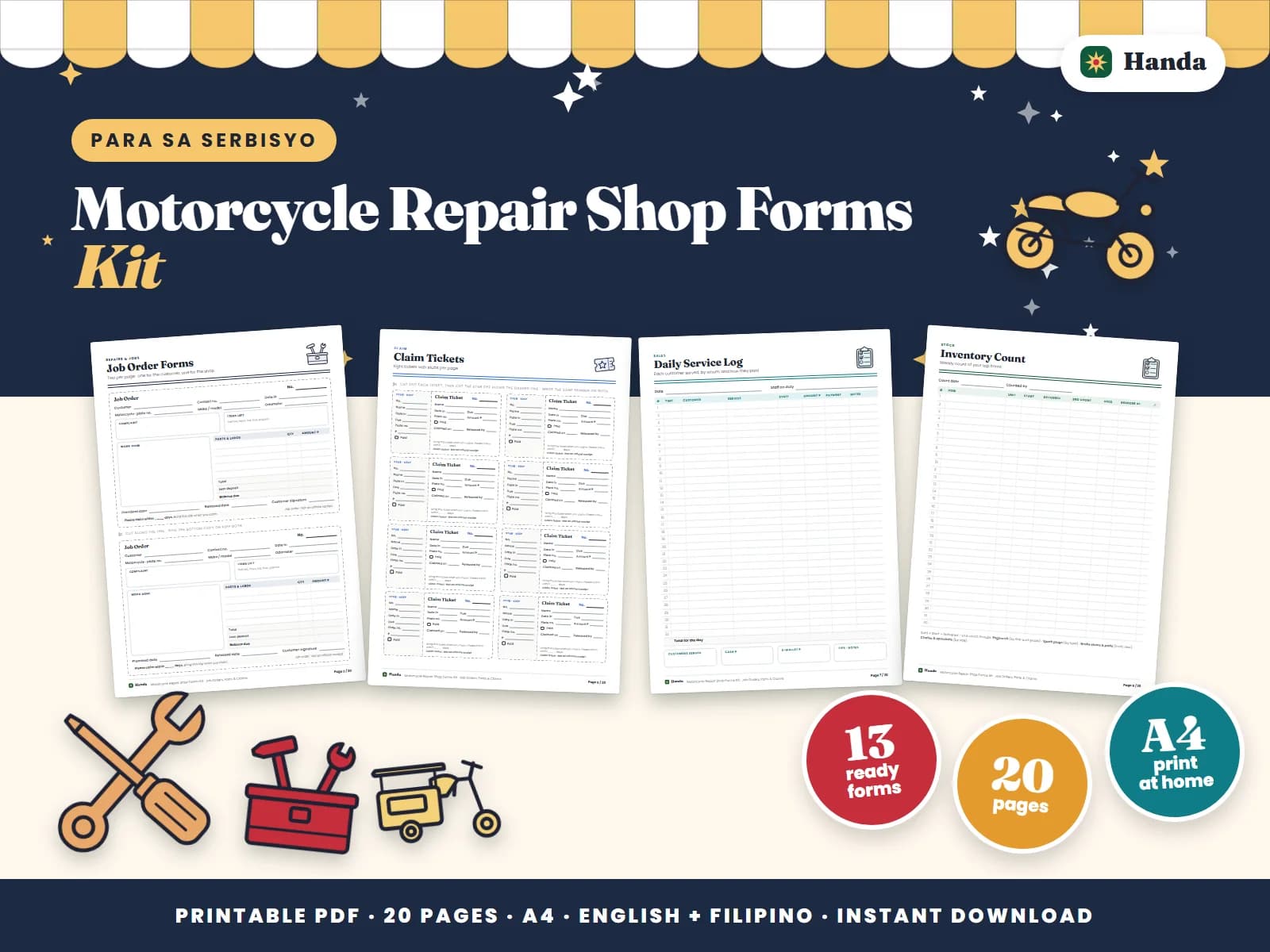 Job orders, claim tickets, parts stock and reorders, service logs and a price list for a motor shop.