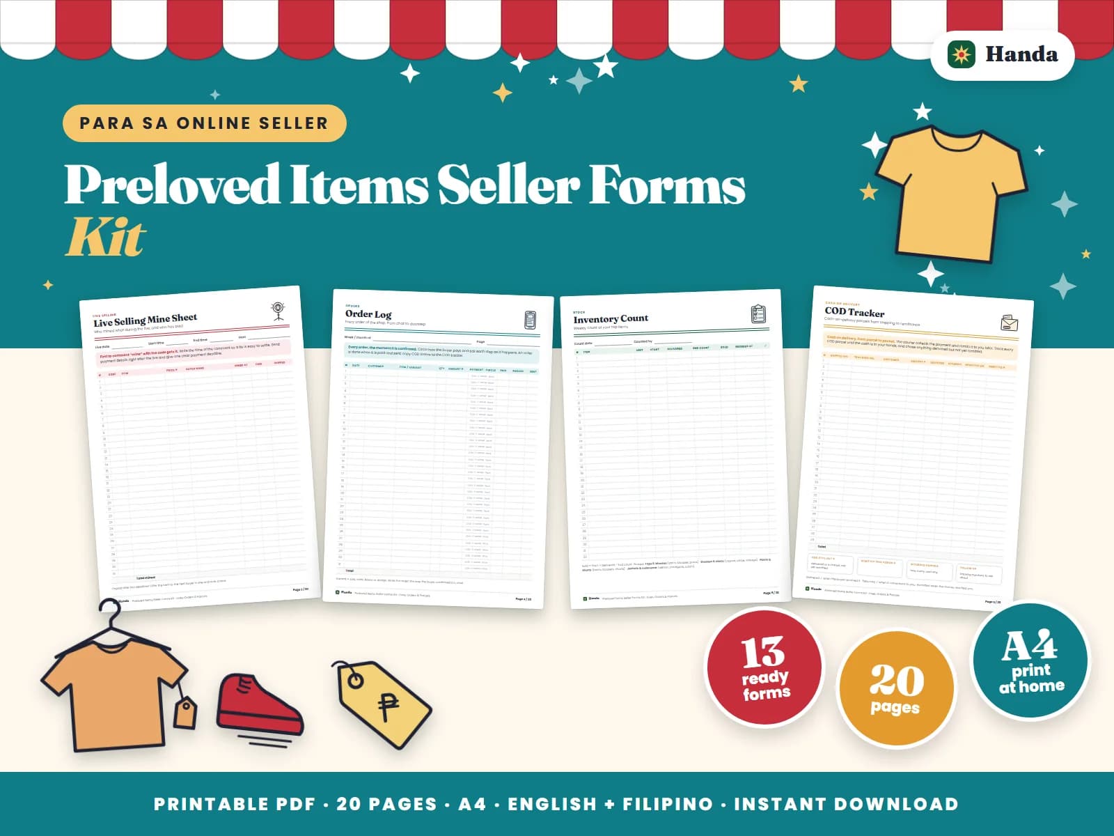 Mine sheets, order logs, stock, COD, returns and labels for preloved and thrift sellers.