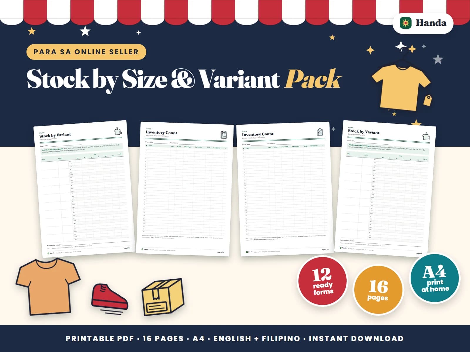 Ten pages of stock by size and color plus inventory counts, so you never sell what you do not have.