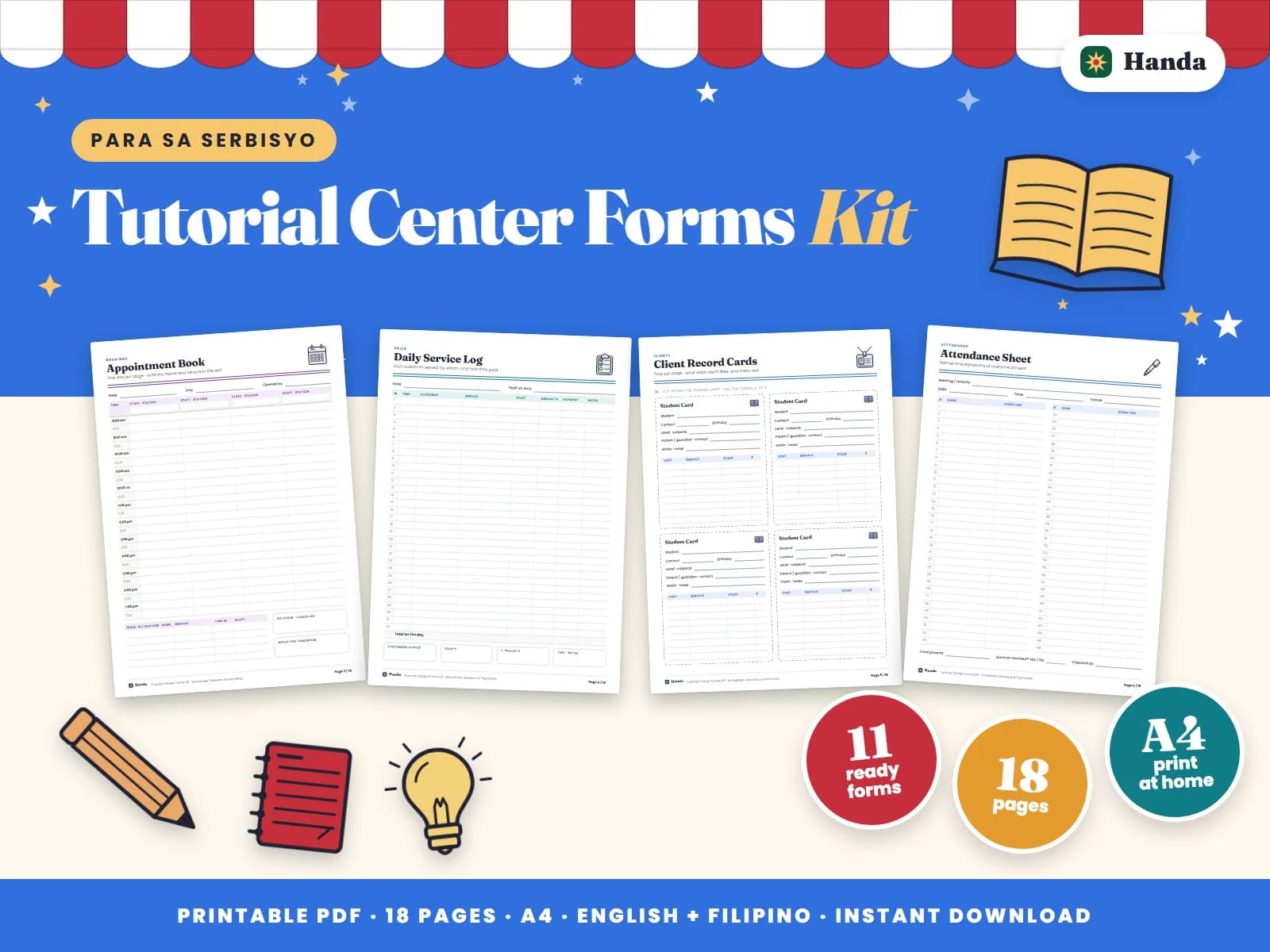 Session schedules, student records, attendance, payments and a rate list for a private tutorial center.