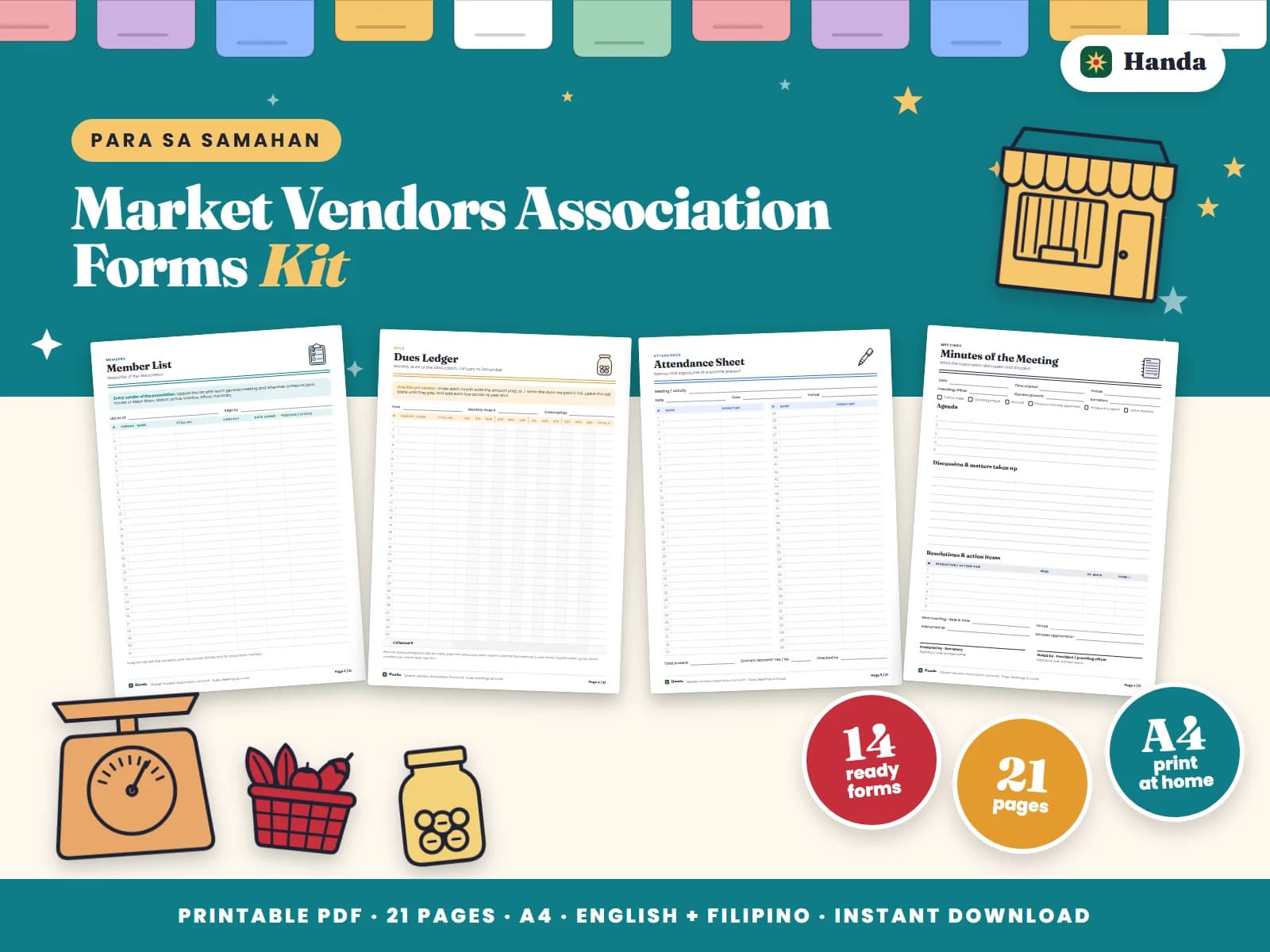 Dues ledger, member list, attendance, minutes, cash book and payment slips for a market vendors association.
