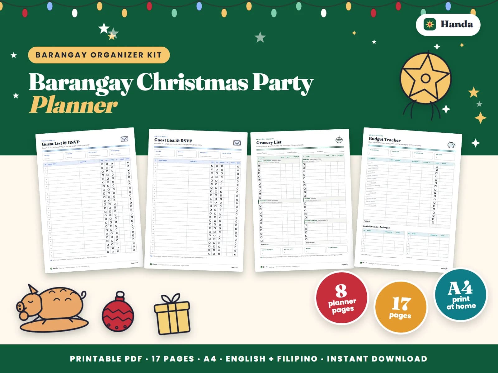 Plan the barangay party: checklist, guests, budget, program, raffle and signs.