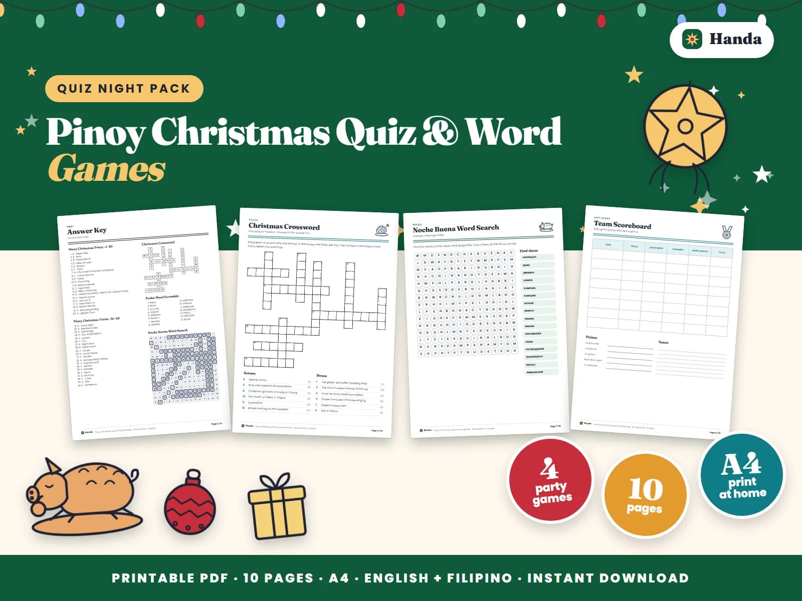 Forty Pinoy Christmas trivia questions plus a crossword, a scramble and a word search.
