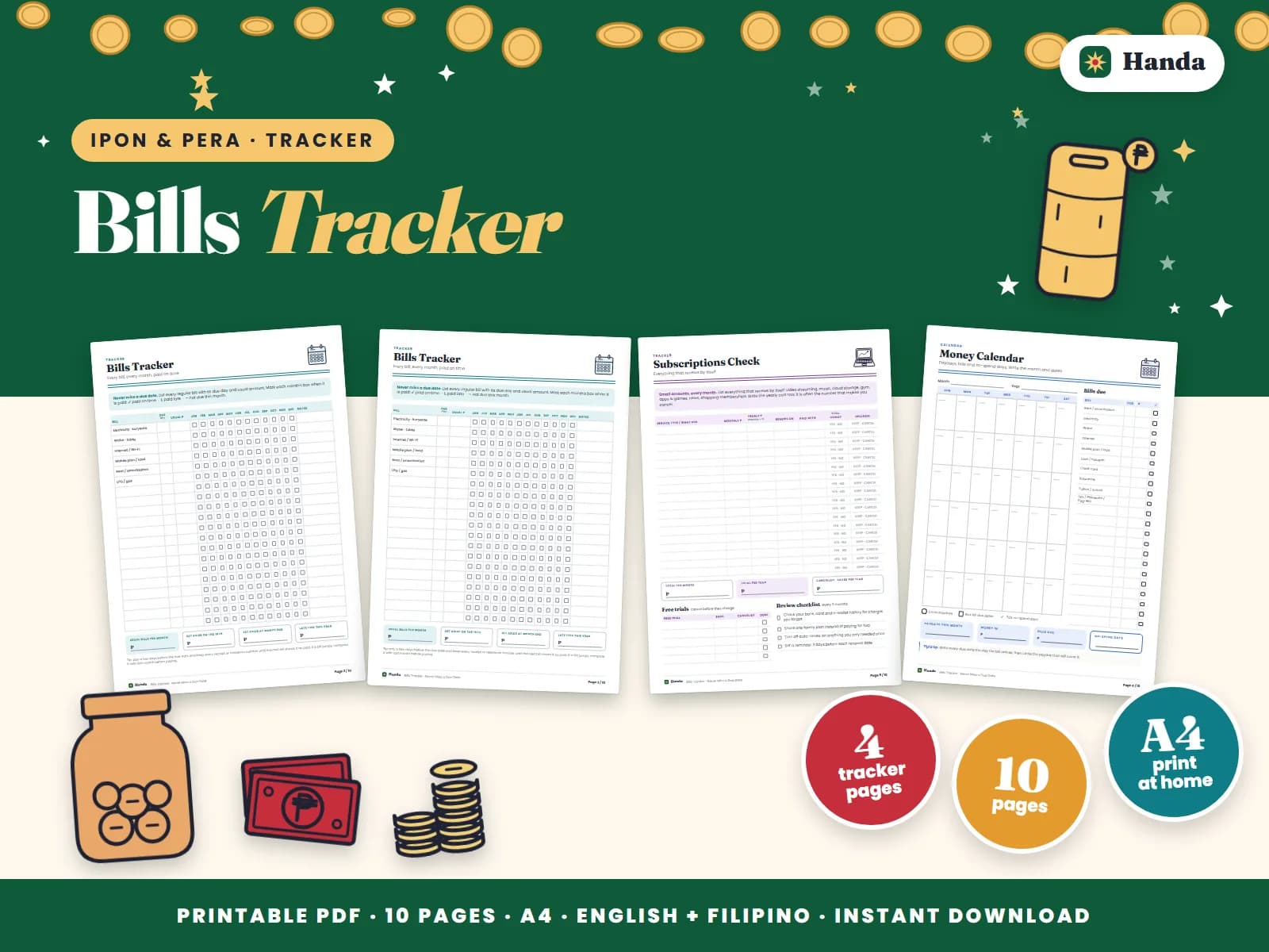 Track every bill across 12 months, with undated month calendars for due dates.
