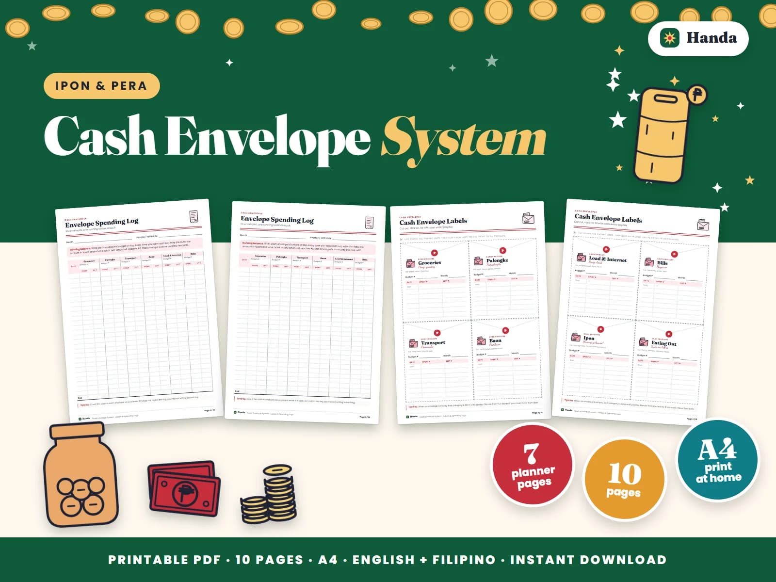 Printable envelope labels and spending logs for a cash budget.