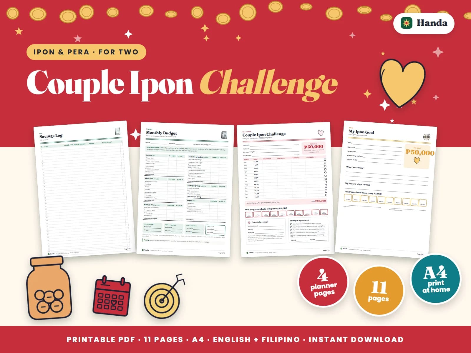 A shared ₱50,000 goal for two: side-by-side trackers, a couple budget and date-night rewards.