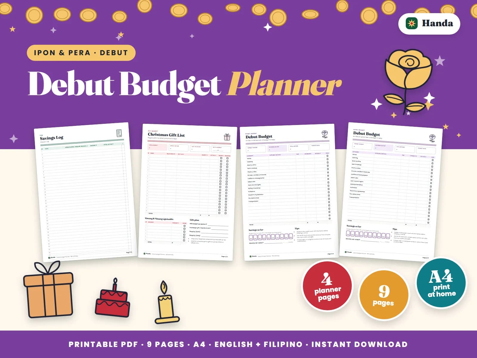 A debut budget by category with a savings grid.