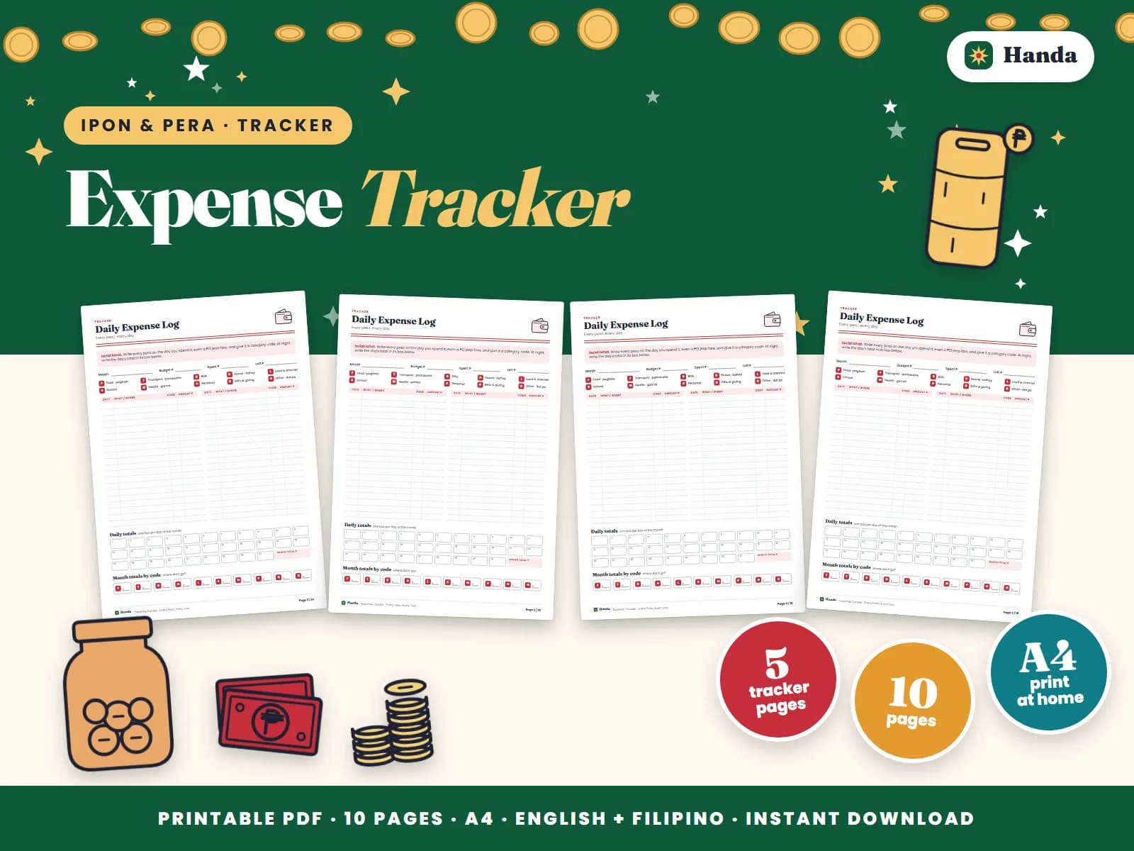 Daily expense logs, a year overview and a monthly review.
