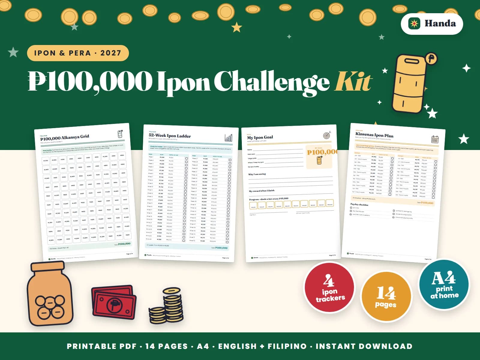 Four ways to save ₱100,000 in a year, with a goal page, savings log, rewards and a certificate.