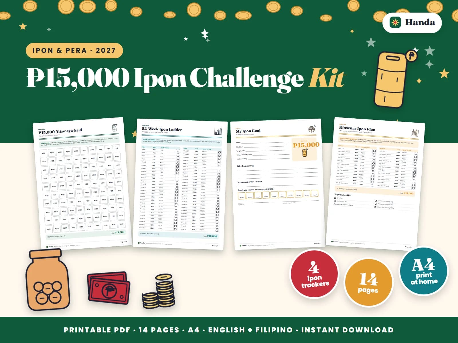Four ways to save ₱15,000 in a year, with a goal page, savings log, rewards and a certificate.