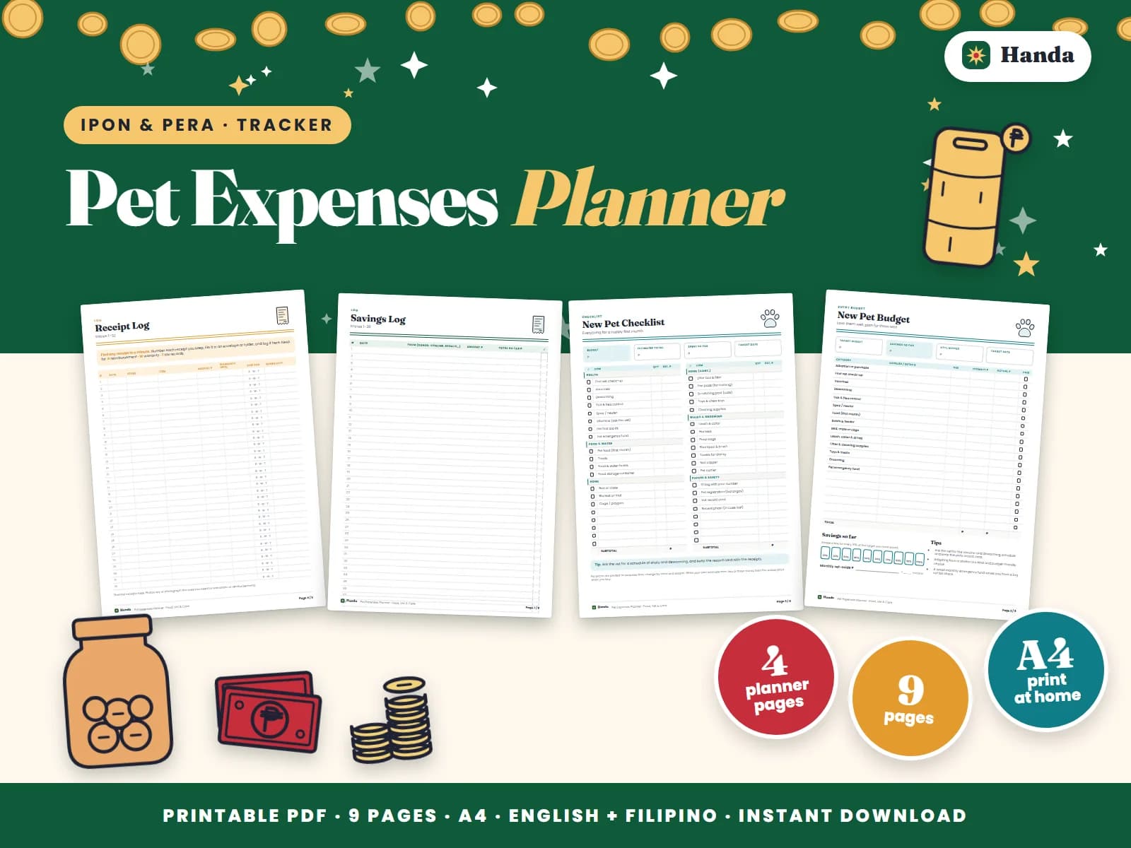 A pet budget and checklist for food, vet visits and care.