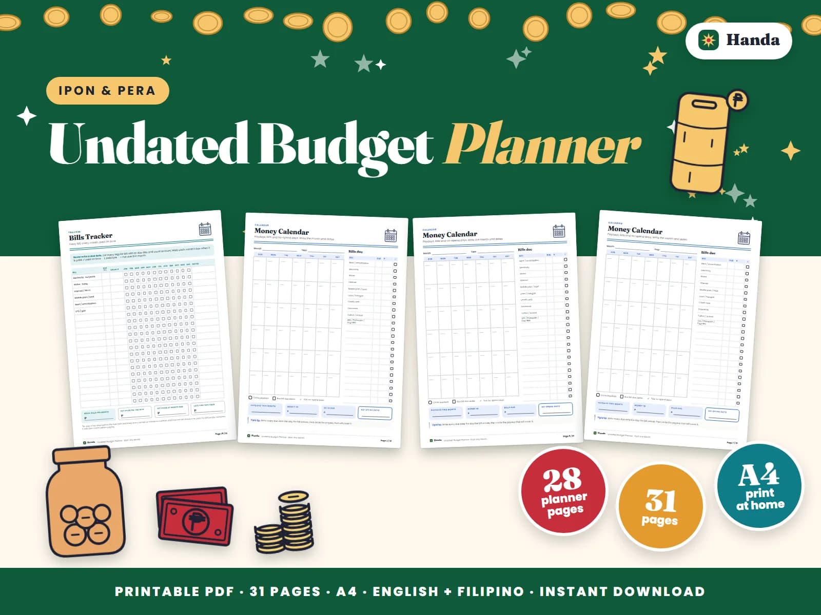 Twelve undated months of calendars and budgets you can start anytime.