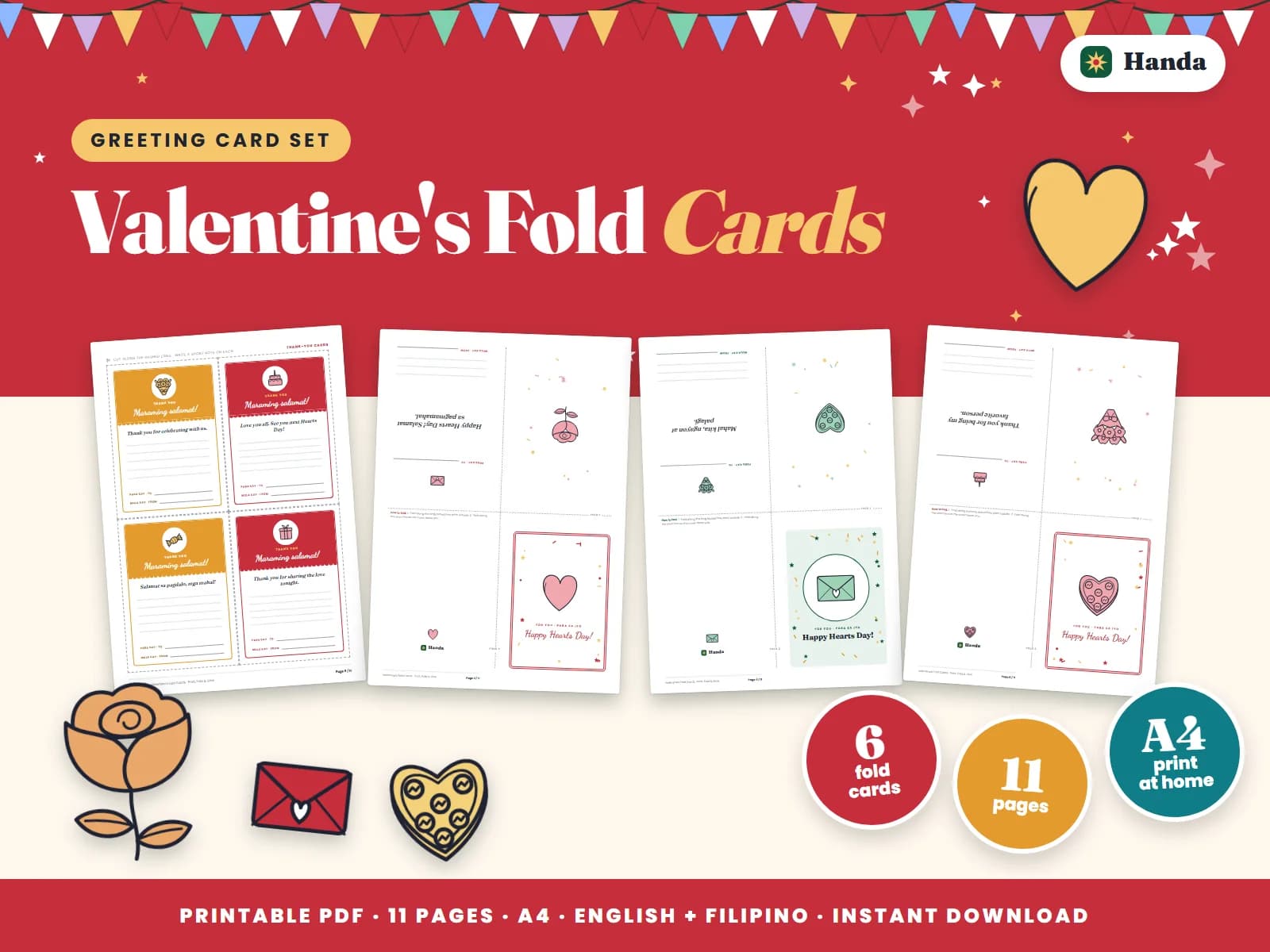 Six print-and-fold Valentine's cards, thank-you notes and an envelope.