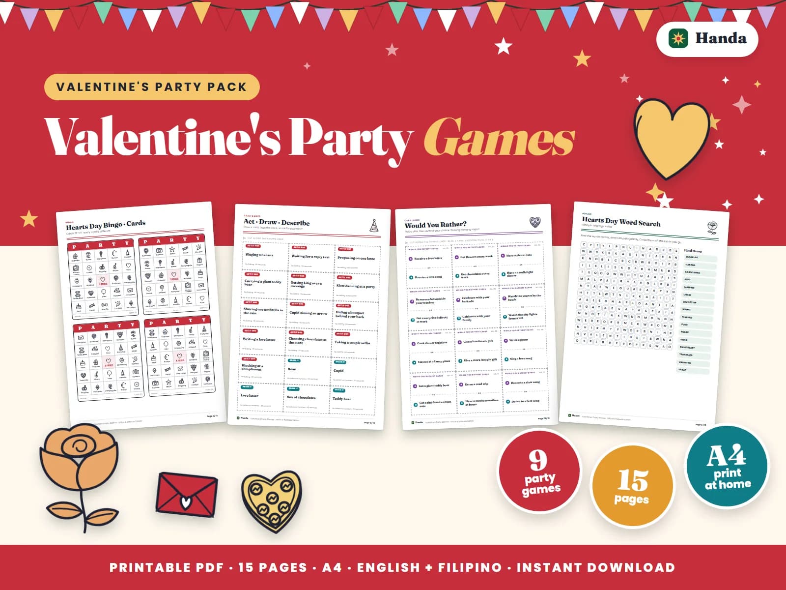 Valentine's bingo, icebreakers, word games, survey and awards for the office or barkada.