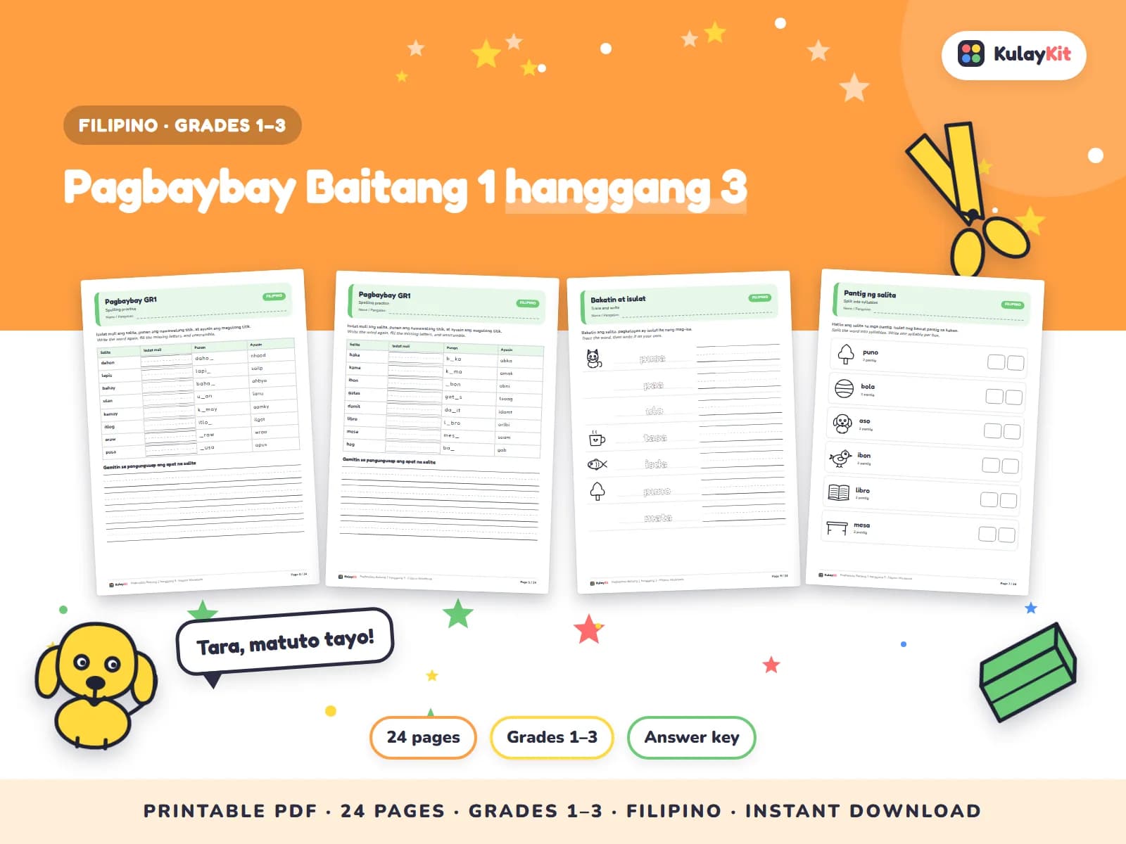 Wikang Filipino worksheets written in natural, correct Filipino.