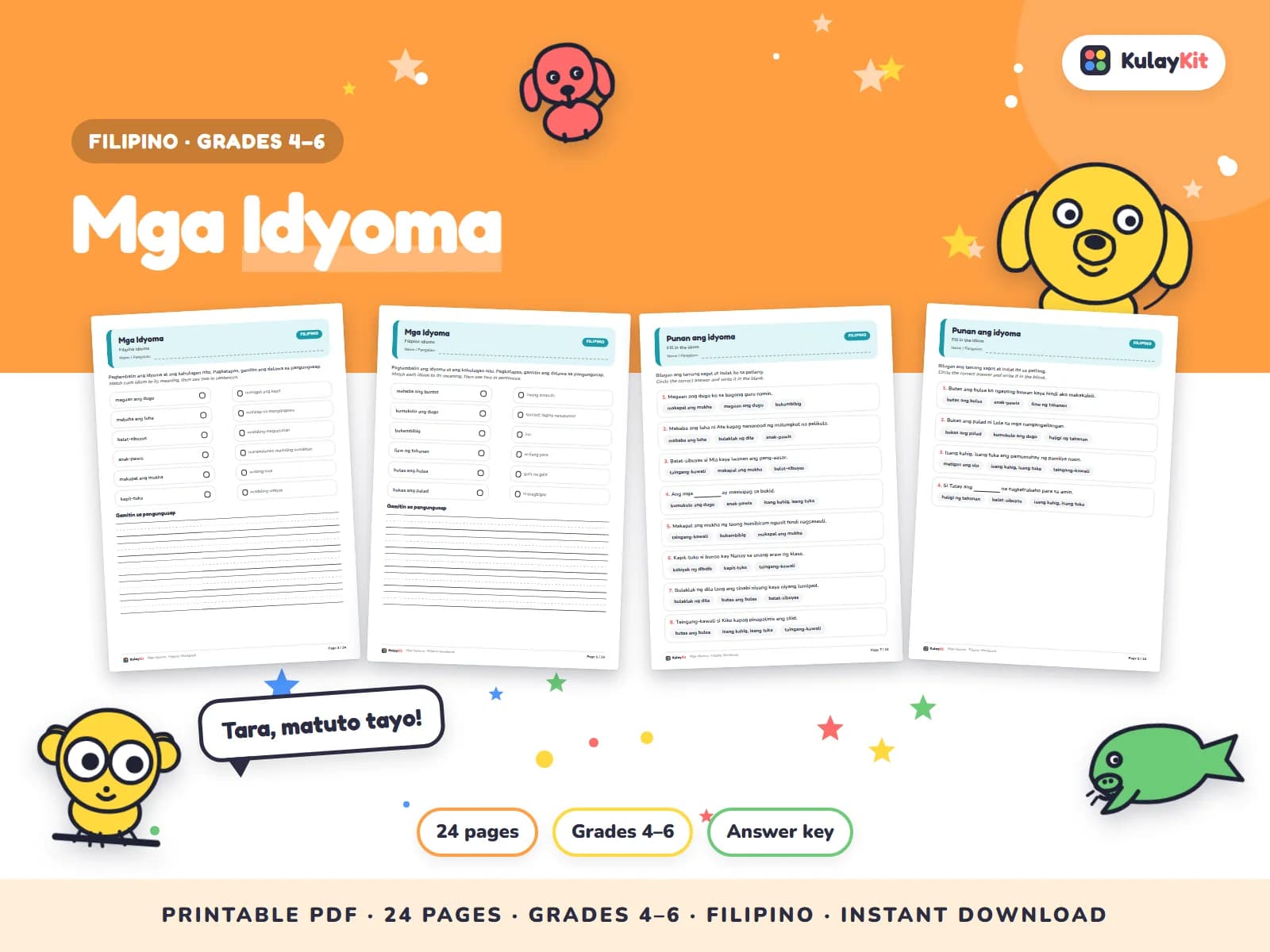 Wikang Filipino worksheets written in natural, correct Filipino.