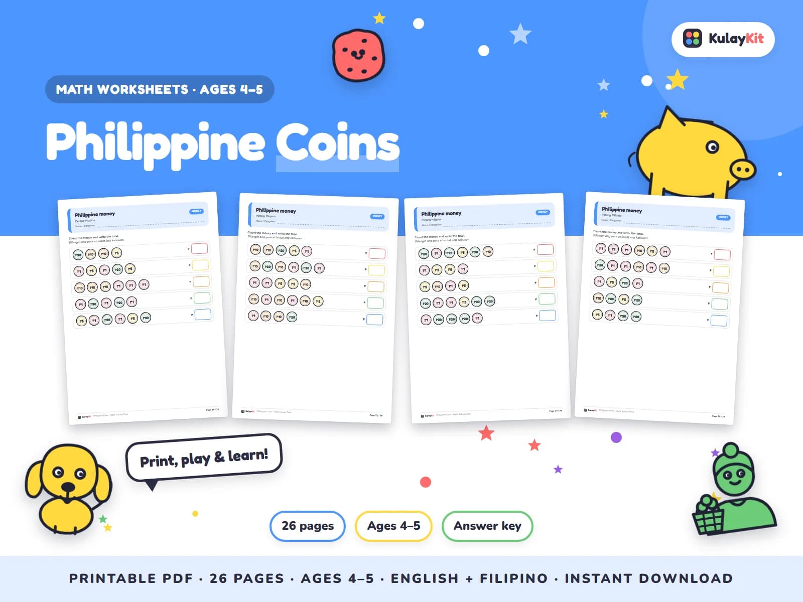 Math practice with clear drills, pictures, and Philippine money.
