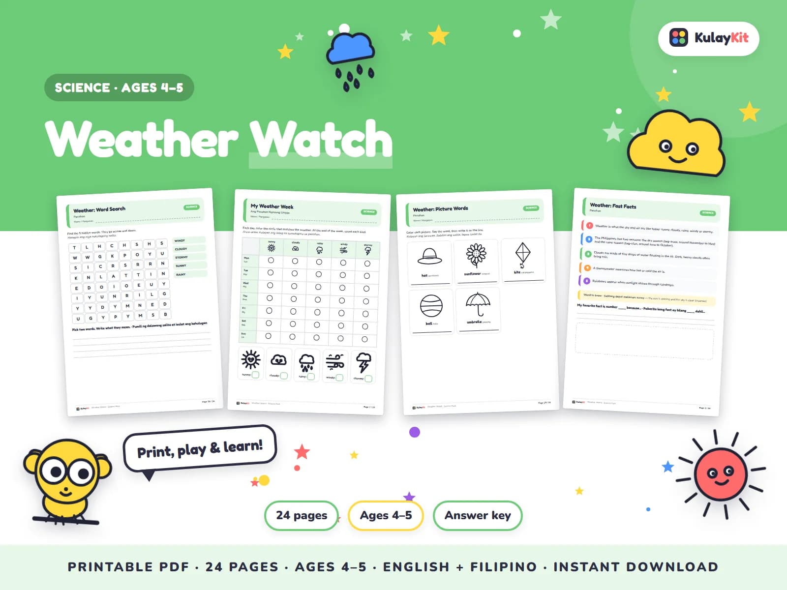 Science pages with diagrams, sorting, and quizzes.