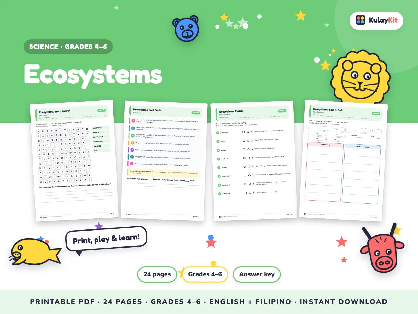 Science pages with diagrams, sorting, and quizzes.