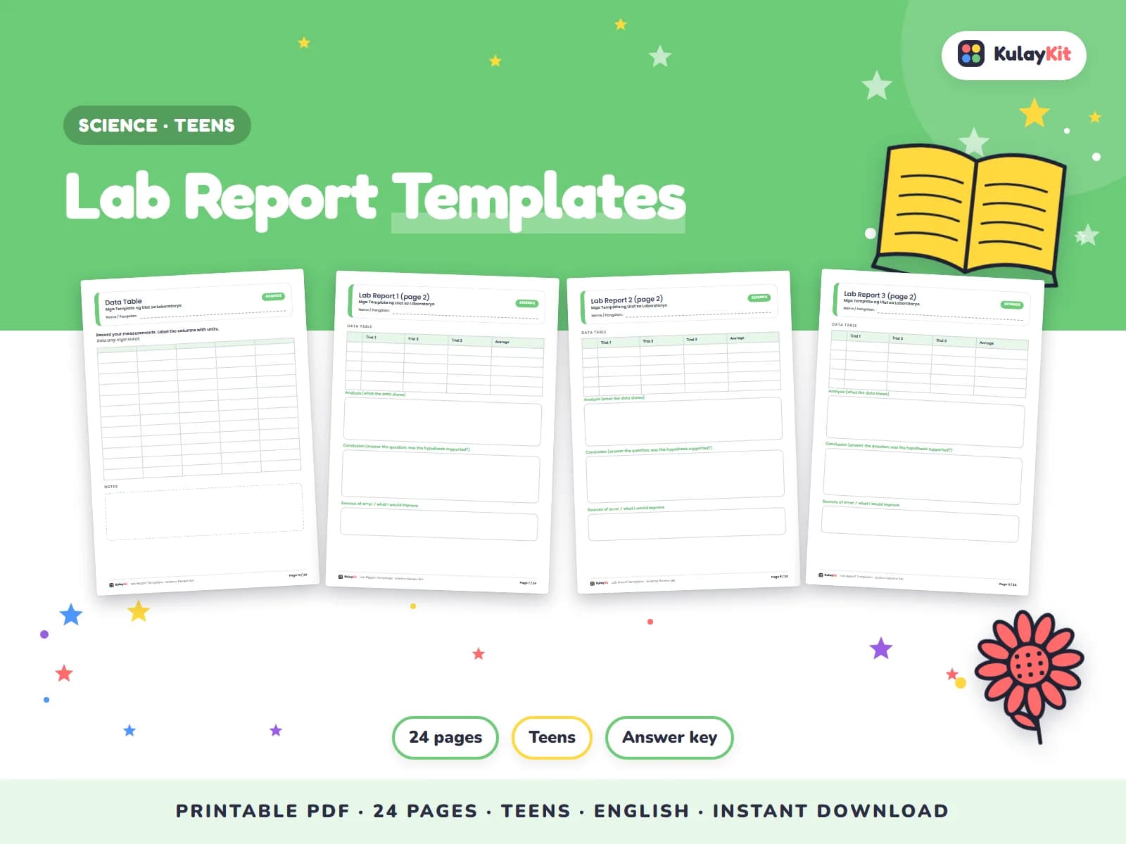 Science pages with diagrams, sorting, and quizzes.