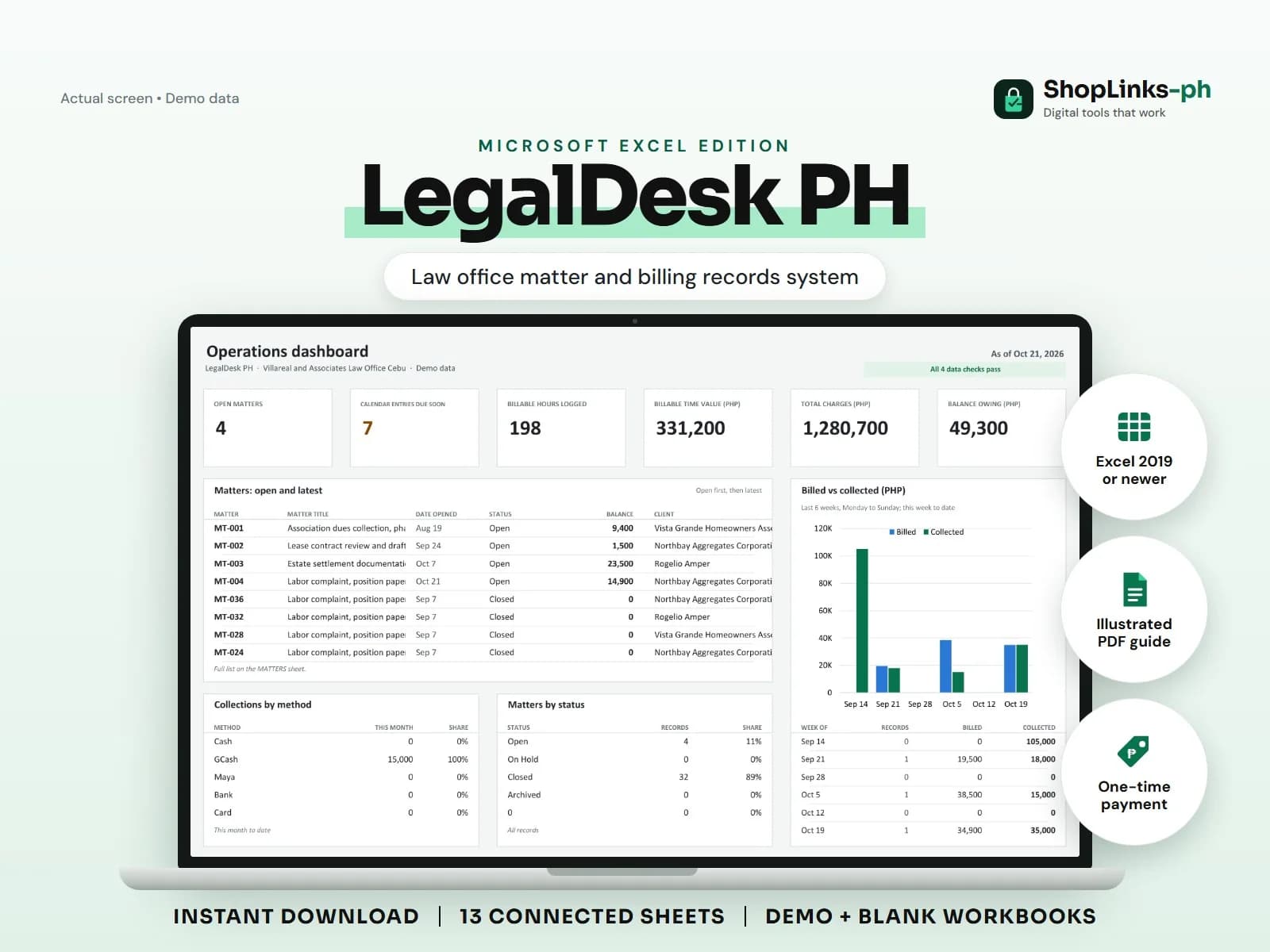 Every matter, hearing date, billable hour, and peso advanced in one place.