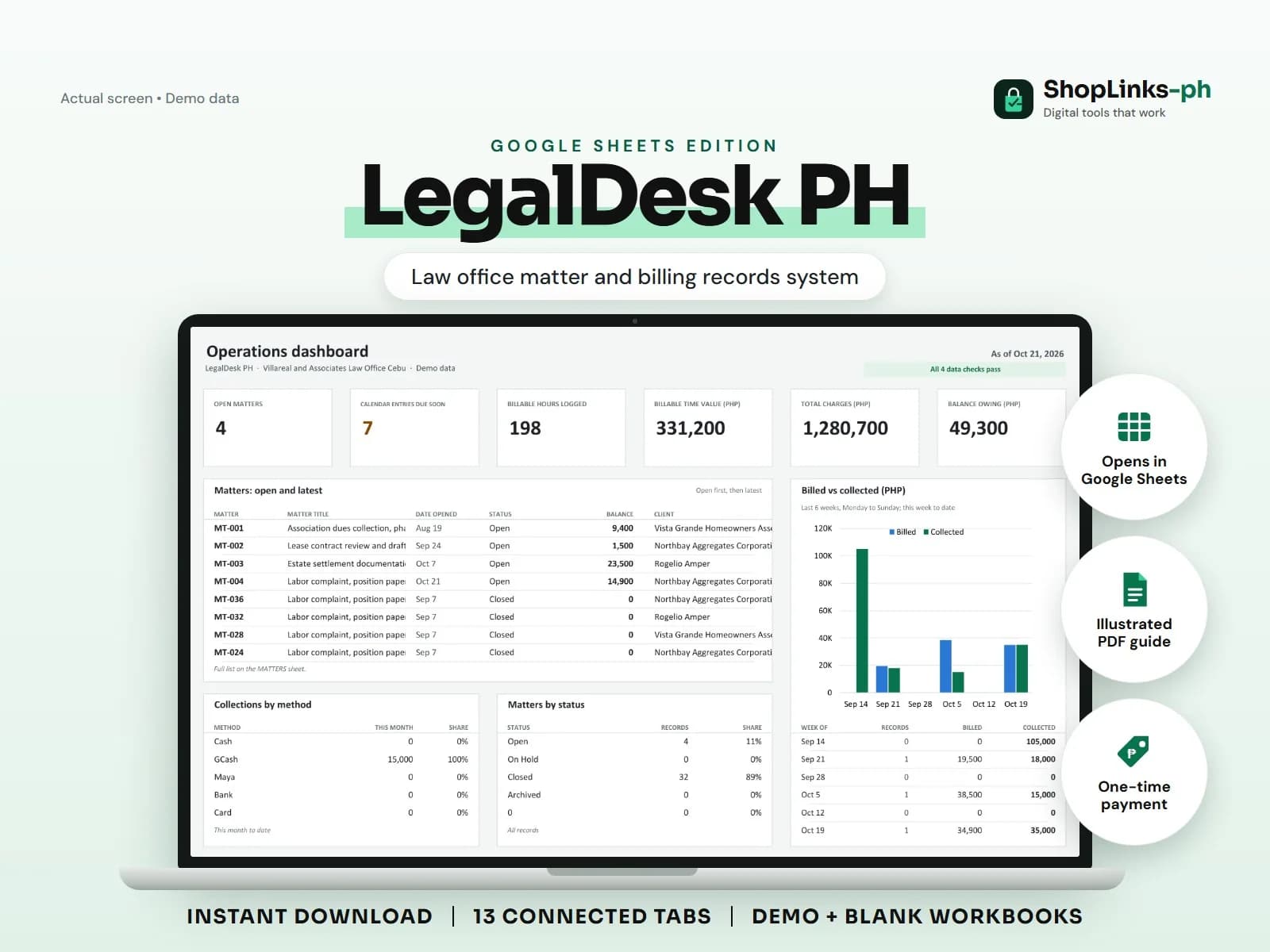 Every matter, hearing date, billable hour, and peso advanced in one place.