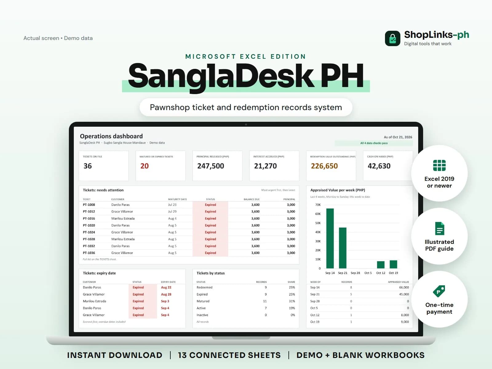 Every ticket, peso of interest, renewal, and redemption on one board.