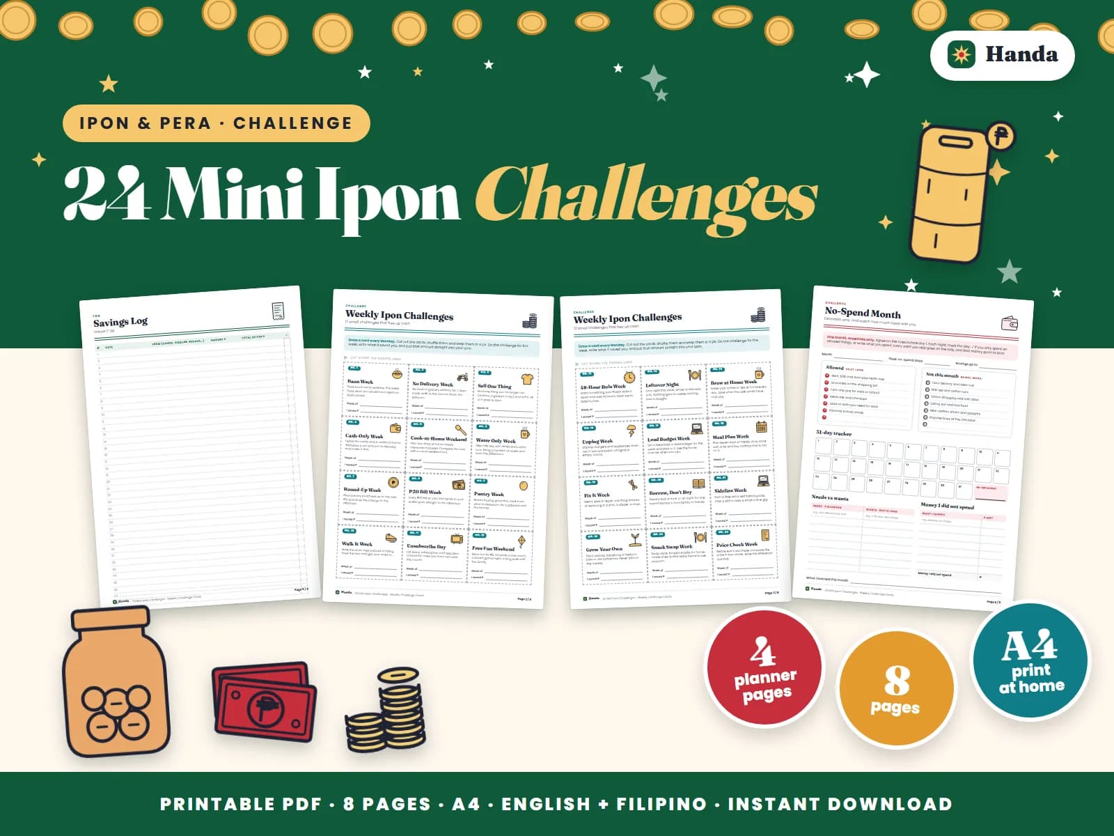 Cover of 24 Mini Ipon Challenges, a printable challenge card set showing four of its pages